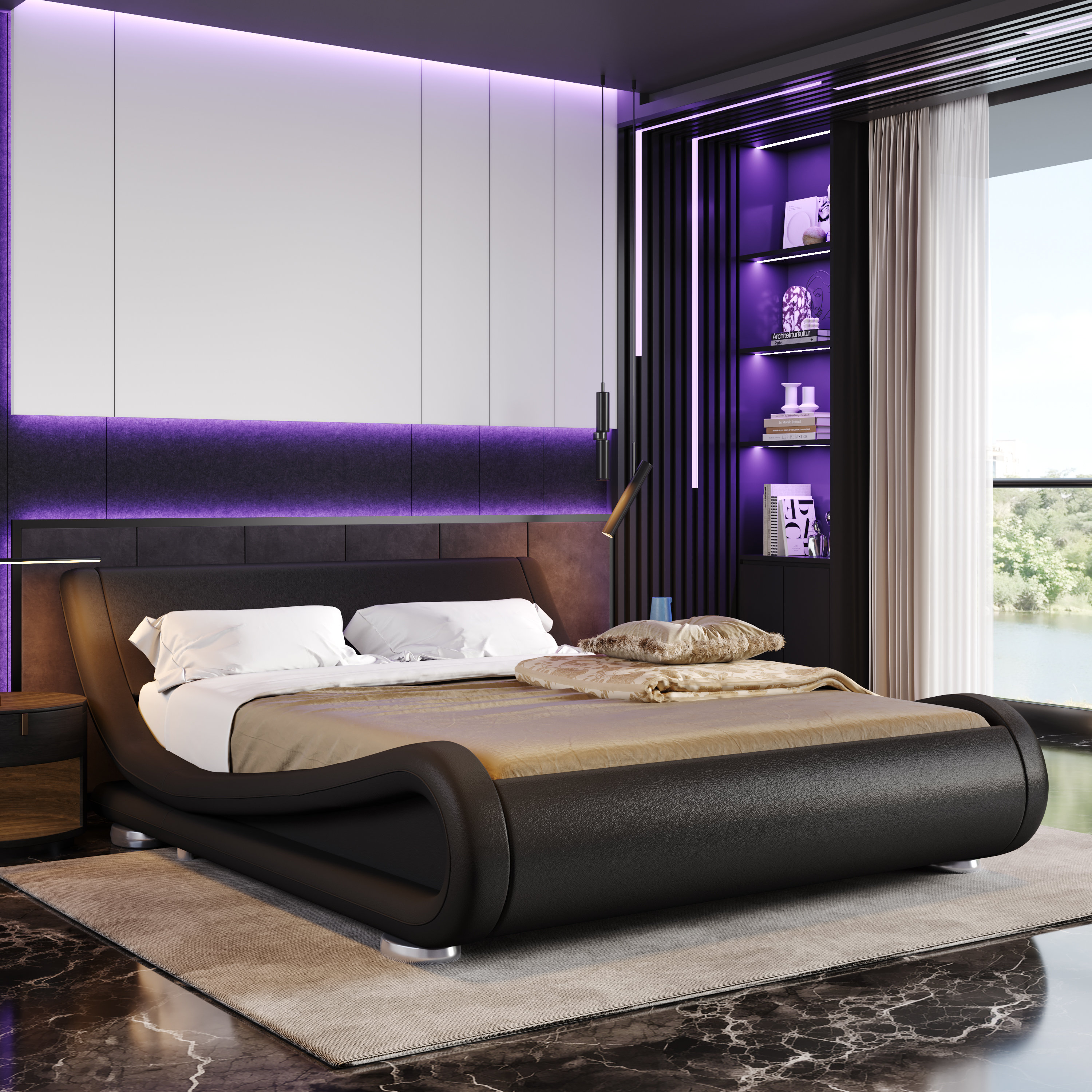 Orren Ellis Platform Bed Frame, Upholstered Faux Leather Low